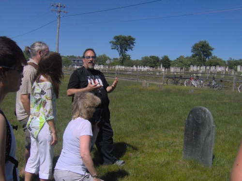 Weiss teaching about stone in the Old North Cemetery.